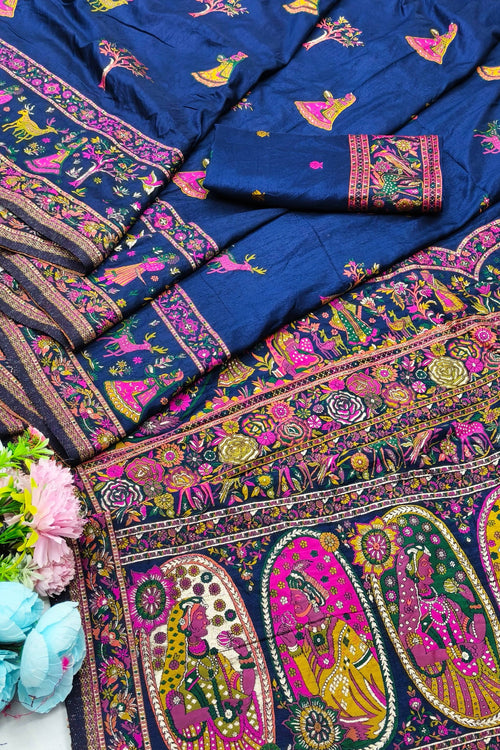 Load image into Gallery viewer, Scrumptious Navy Blue Nylon Dola Pashmina Saree With Felicitous Blouse Piece
