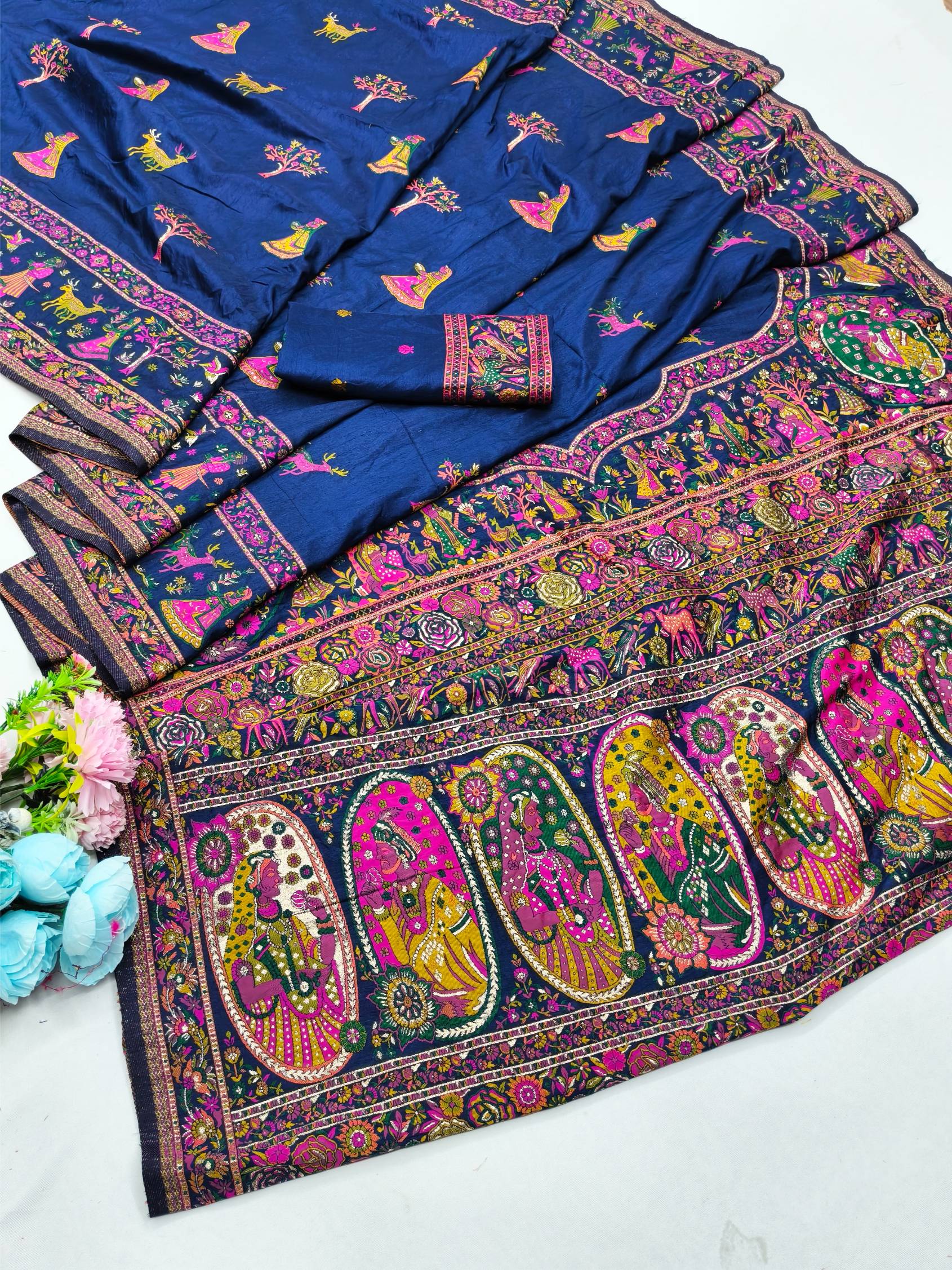 Scrumptious Navy Blue Nylon Dola Pashmina Saree With Felicitous Blouse Piece