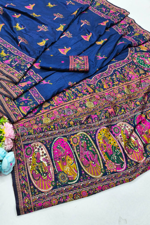 Load image into Gallery viewer, Scrumptious Navy Blue Nylon Dola Pashmina Saree With Felicitous Blouse Piece
