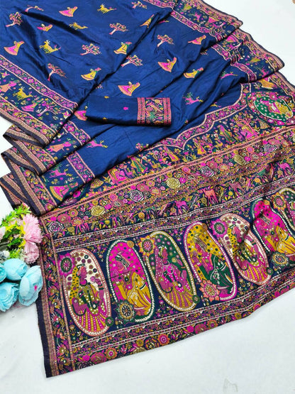 Scrumptious Navy Blue Nylon Dola Pashmina Saree With Felicitous Blouse Piece