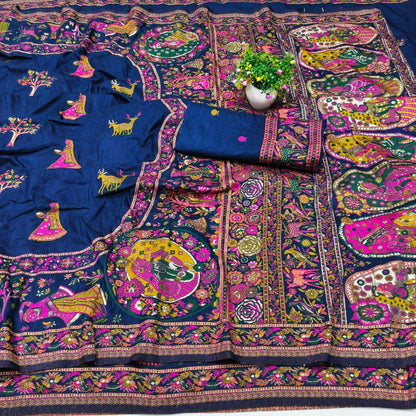 Scrumptious Navy Blue Nylon Dola Pashmina Saree With Felicitous Blouse Piece