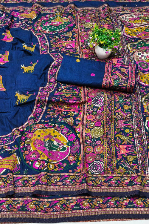 Load image into Gallery viewer, Scrumptious Navy Blue Nylon Dola Pashmina Saree With Felicitous Blouse Piece
