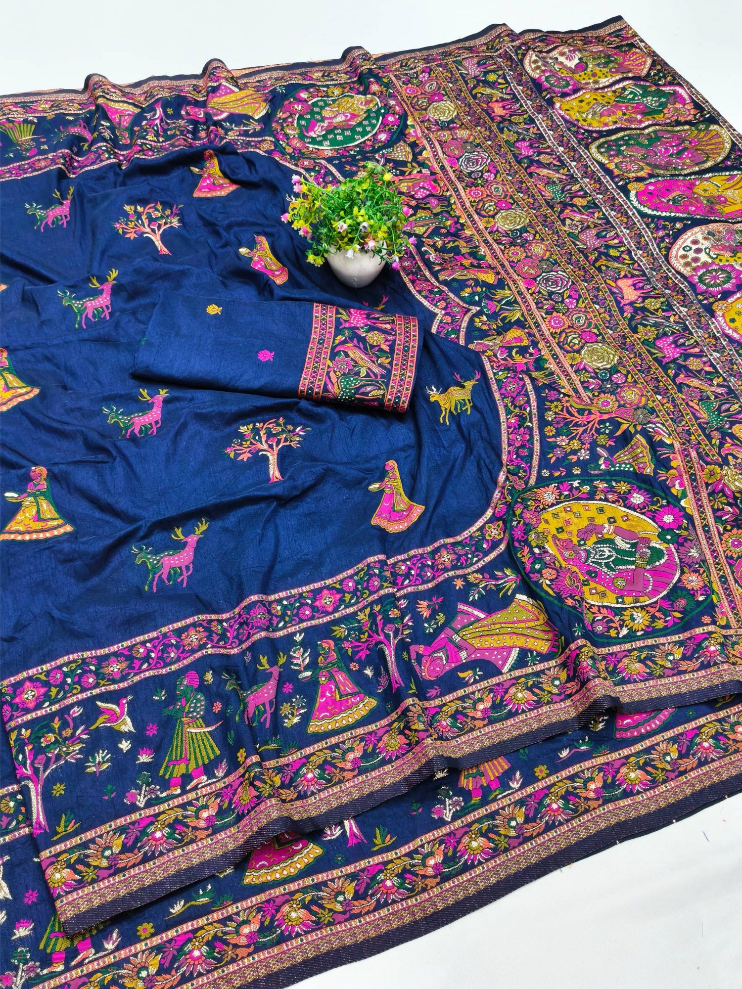 Scrumptious Navy Blue Nylon Dola Pashmina Saree With Felicitous Blouse Piece