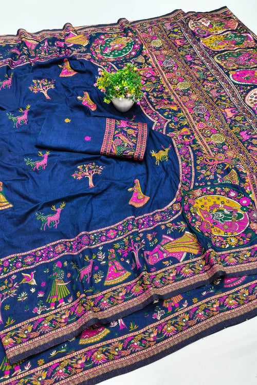 Load image into Gallery viewer, Scrumptious Navy Blue Nylon Dola Pashmina Saree With Felicitous Blouse Piece
