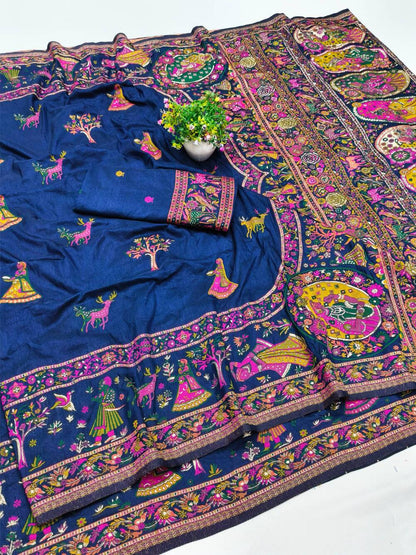 Scrumptious Navy Blue Nylon Dola Pashmina Saree With Felicitous Blouse Piece