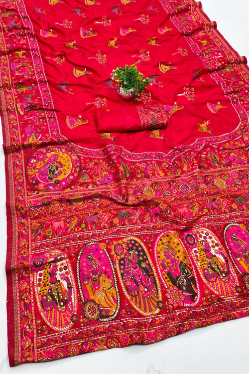 Load image into Gallery viewer, Gratifying Red Nylon Dola Pashmina Saree With Dalliance Blouse Piece
