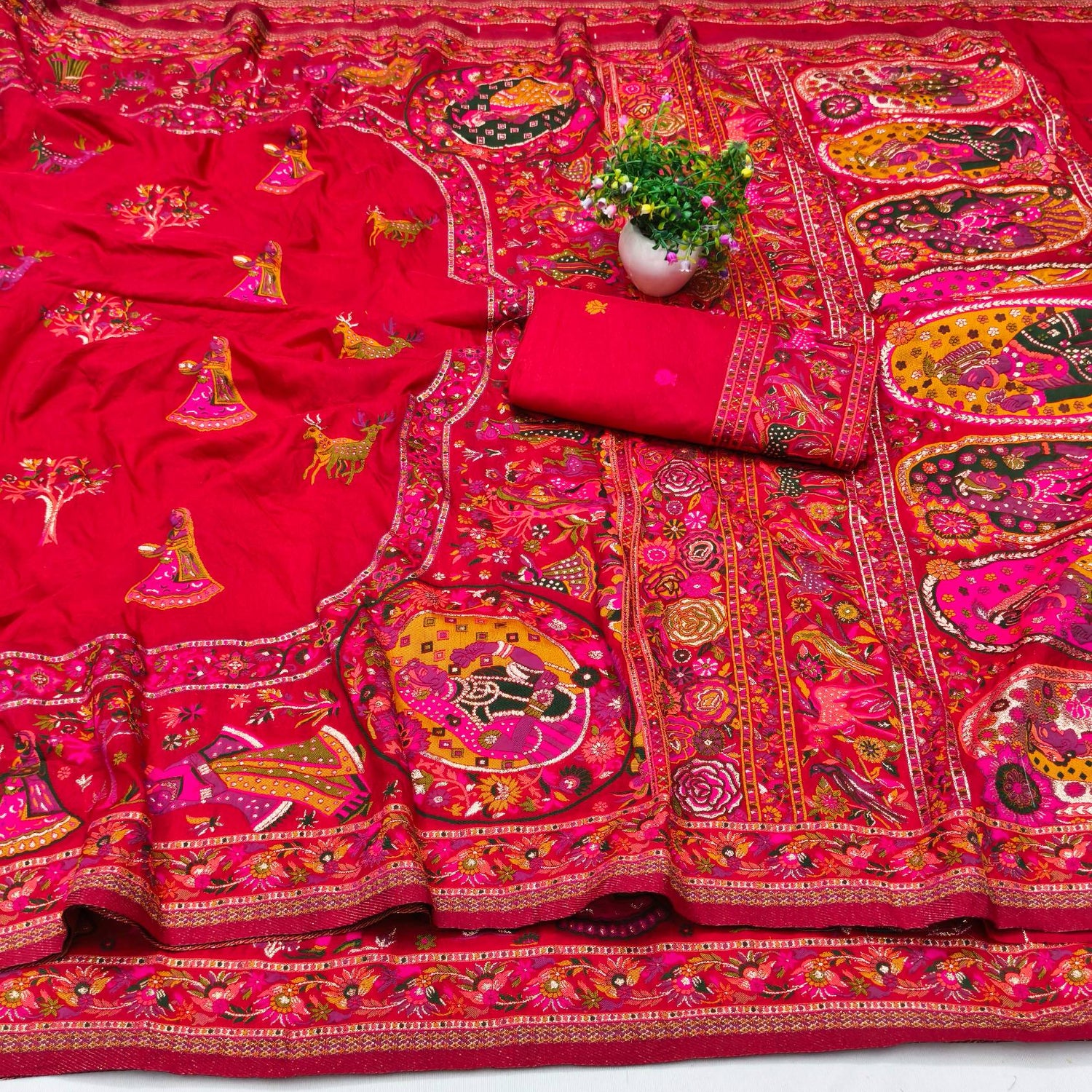 Gratifying Red Nylon Dola Pashmina Saree With Dalliance Blouse Piece