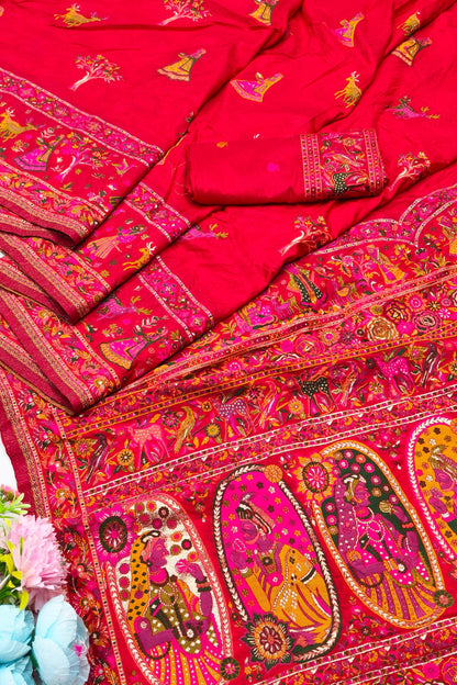 Gratifying Red Nylon Dola Pashmina Saree With Dalliance Blouse Piece