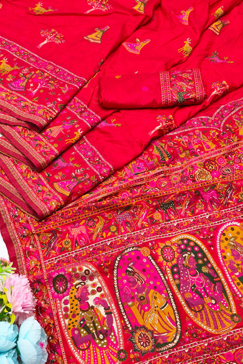 Load image into Gallery viewer, Gratifying Red Nylon Dola Pashmina Saree With Dalliance Blouse Piece
