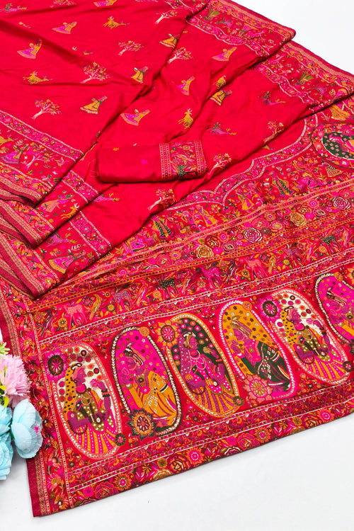 Load image into Gallery viewer, Gratifying Red Nylon Dola Pashmina Saree With Dalliance Blouse Piece
