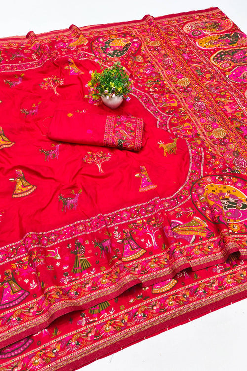 Load image into Gallery viewer, Gratifying Red Nylon Dola Pashmina Saree With Dalliance Blouse Piece
