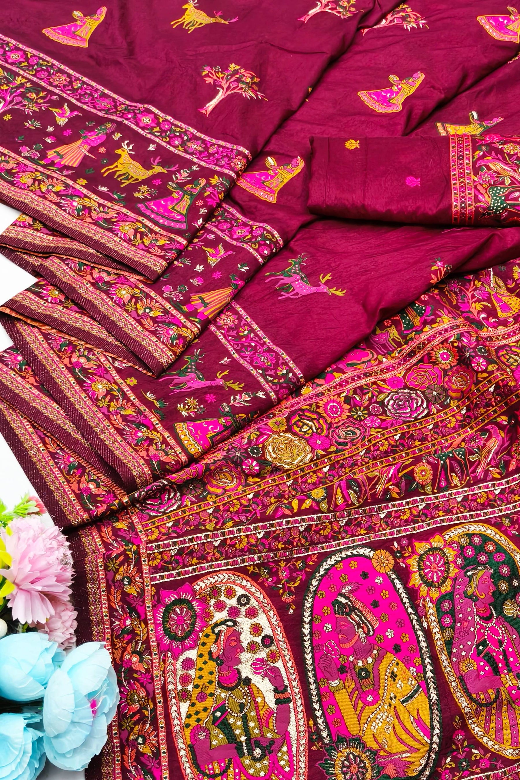 Smashing Wine Nylon Dola Pashmina Saree With Embellished Blouse Piece