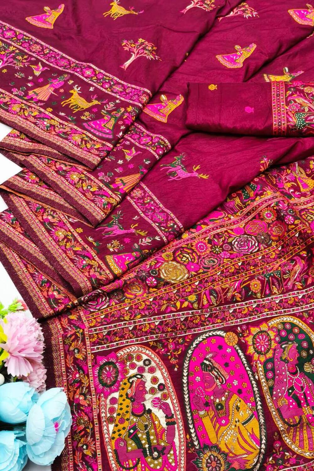 Smashing Wine Nylon Dola Pashmina Saree With Embellished Blouse Piece