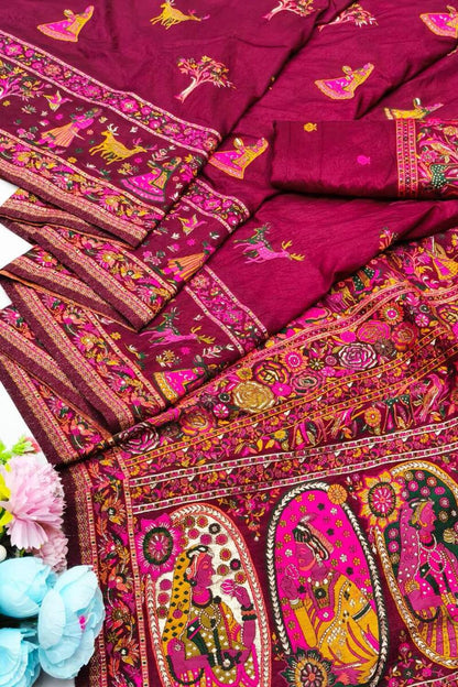 Smashing Wine Nylon Dola Pashmina Saree With Embellished Blouse Piece