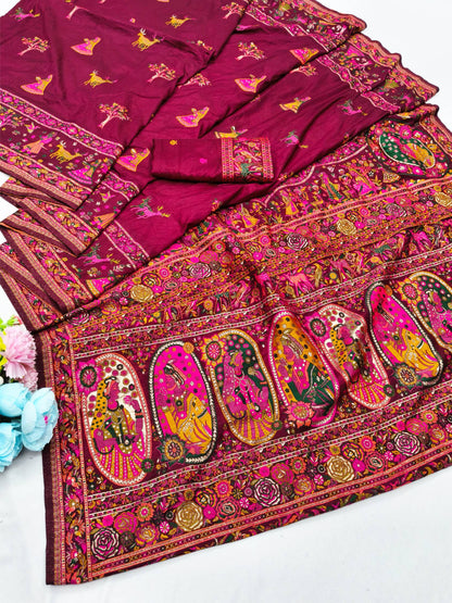 Smashing Wine Nylon Dola Pashmina Saree With Embellished Blouse Piece