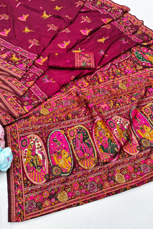 Load image into Gallery viewer, Smashing Wine Nylon Dola Pashmina Saree With Embellished Blouse Piece
