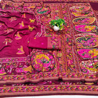 Smashing Wine Nylon Dola Pashmina Saree With Embellished Blouse Piece