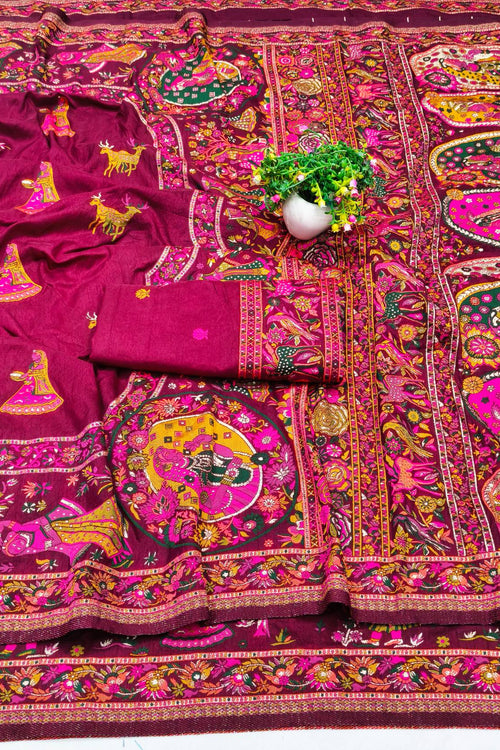 Load image into Gallery viewer, Smashing Wine Nylon Dola Pashmina Saree With Embellished Blouse Piece
