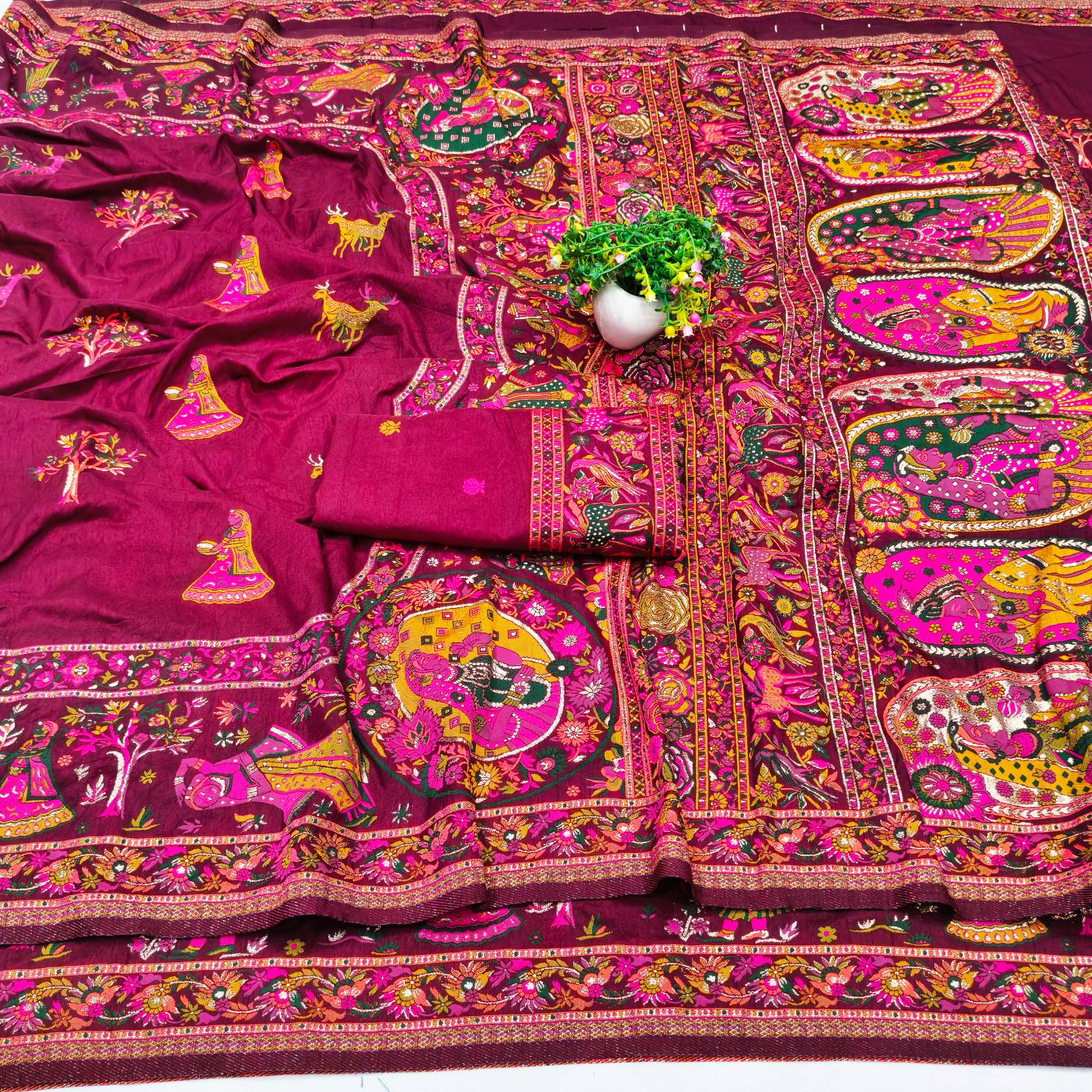 Smashing Wine Nylon Dola Pashmina Saree With Embellished Blouse Piece