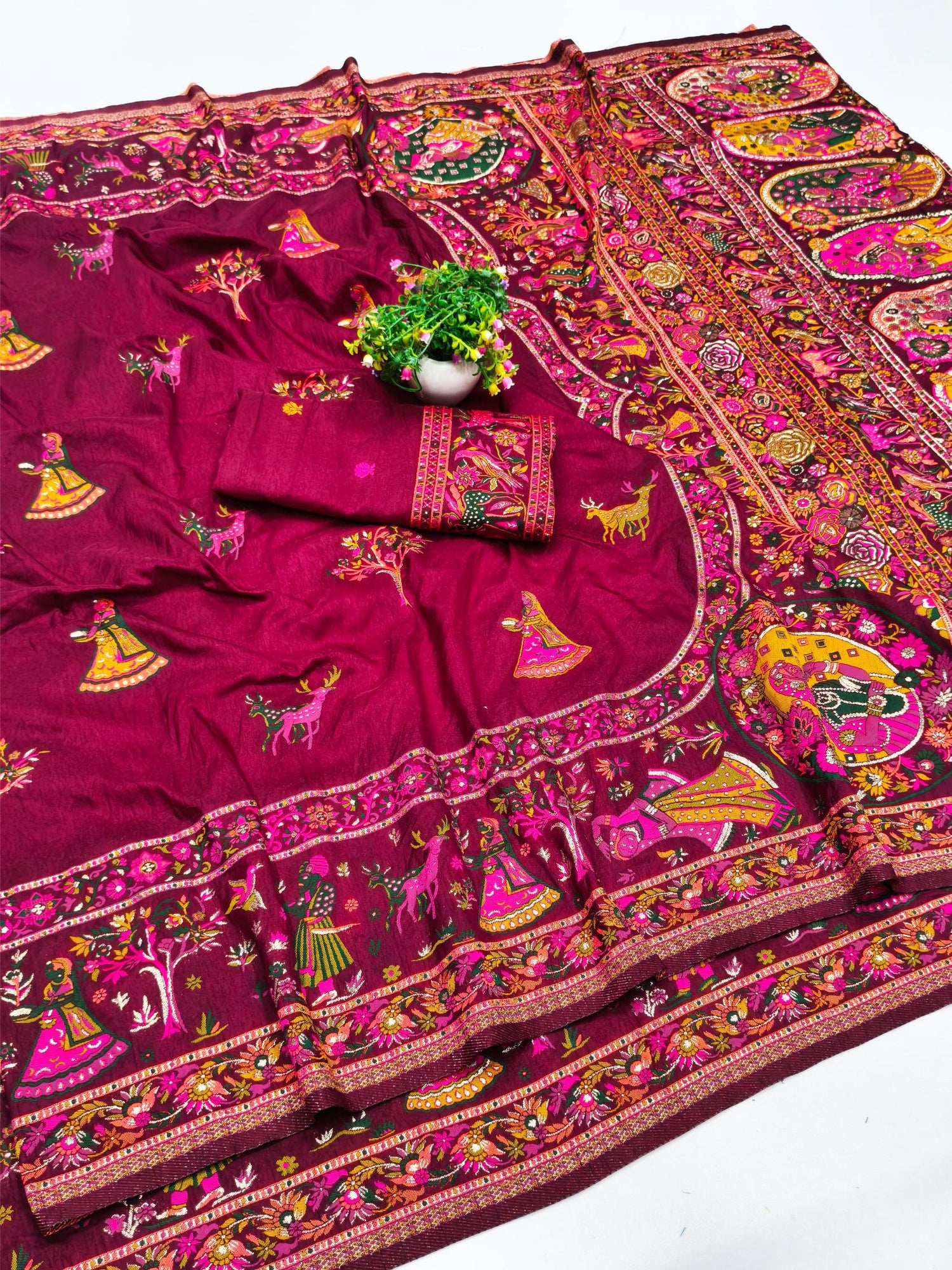 Smashing Wine Nylon Dola Pashmina Saree With Embellished Blouse Piece