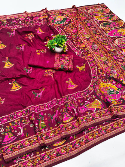 Smashing Wine Nylon Dola Pashmina Saree With Embellished Blouse Piece