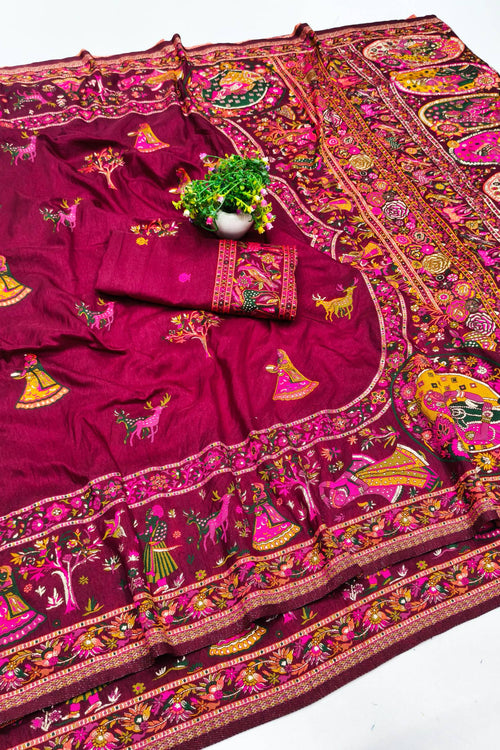 Load image into Gallery viewer, Smashing Wine Nylon Dola Pashmina Saree With Embellished Blouse Piece
