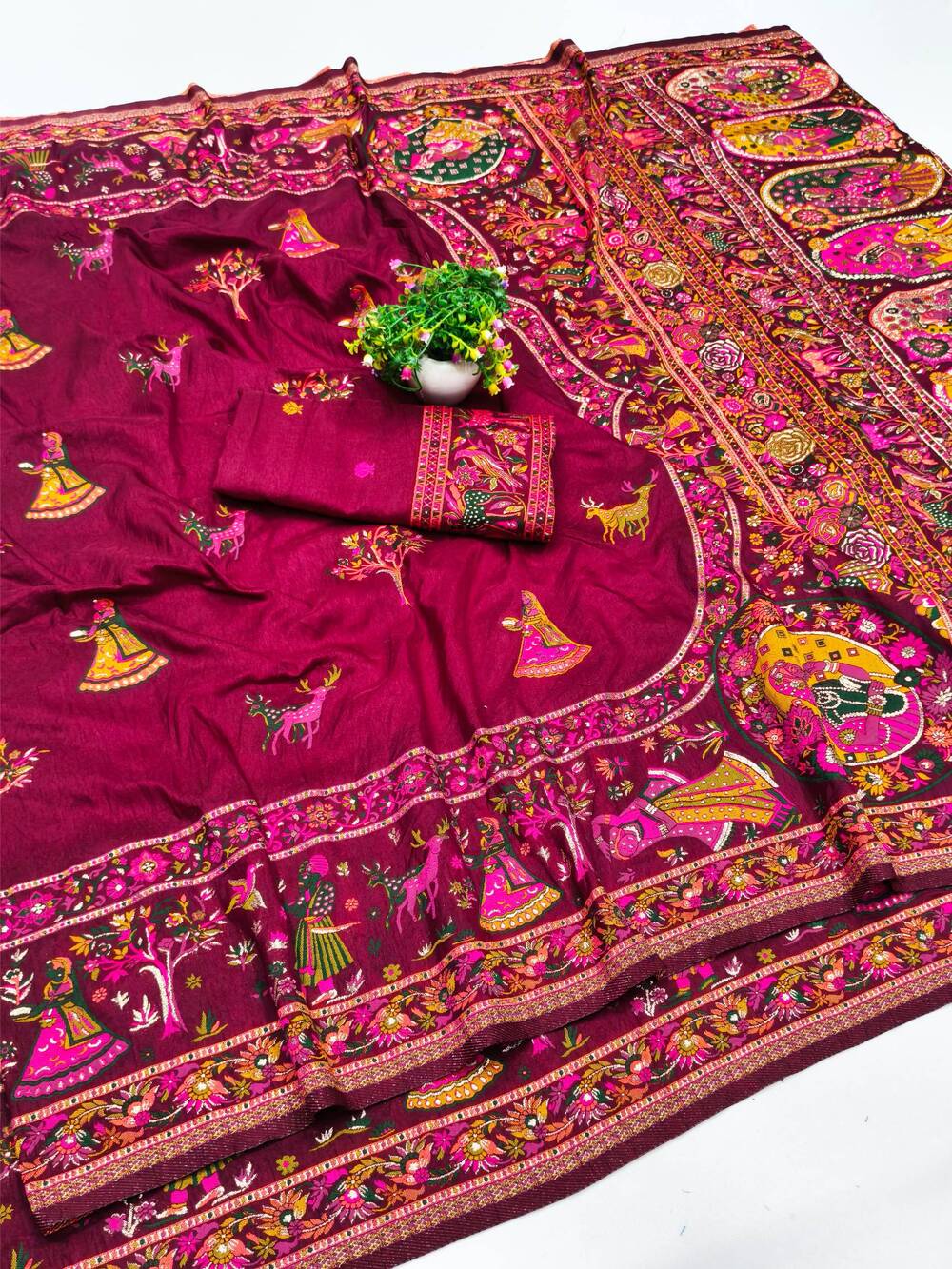 Smashing Wine Nylon Dola Pashmina Saree With Embellished Blouse Piece