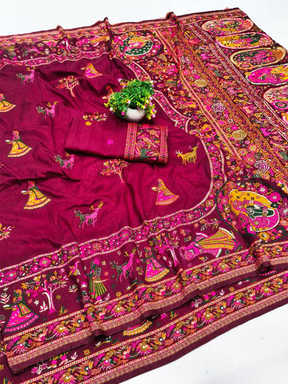 Smashing Wine Nylon Dola Pashmina Saree With Embellished Blouse Piece