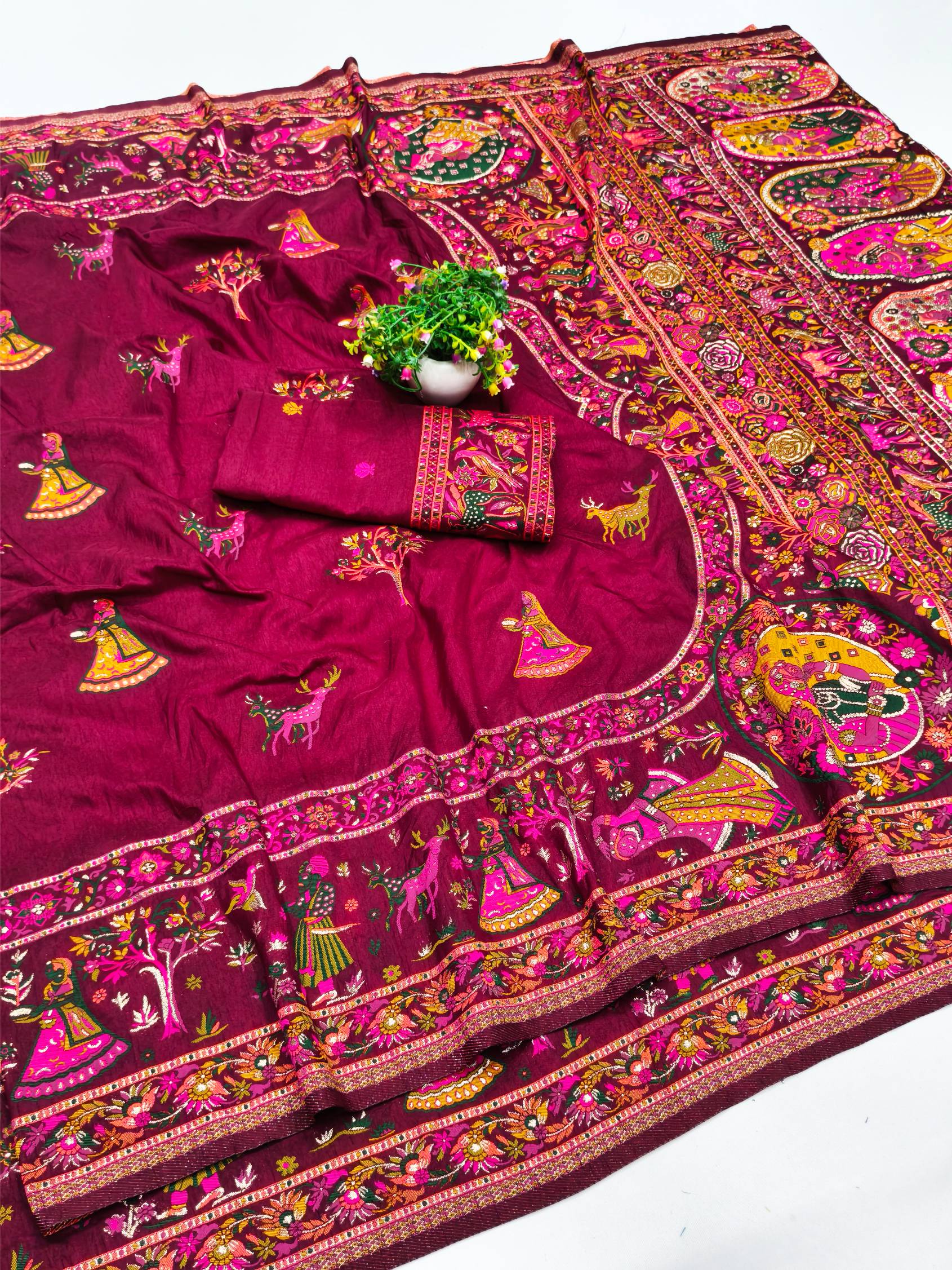 Smashing Wine Nylon Dola Pashmina Saree With Embellished Blouse Piece