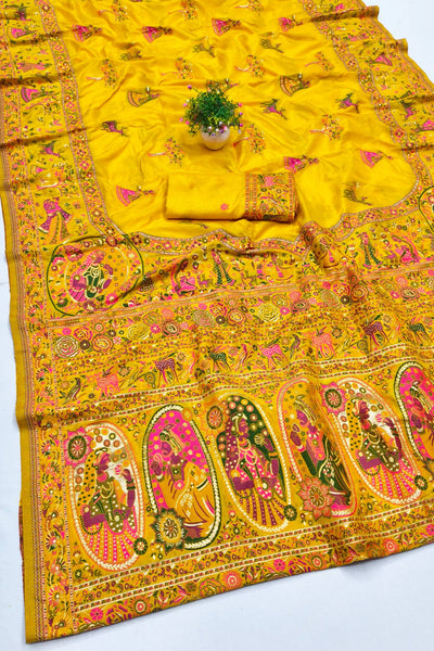 Artistic Yellow Nylon Dola Pashmina Saree With Lagniappe Blouse Piece