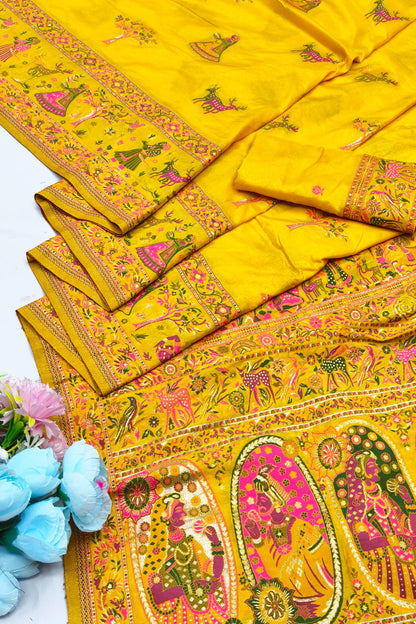 Artistic Yellow Nylon Dola Pashmina Saree With Lagniappe Blouse Piece