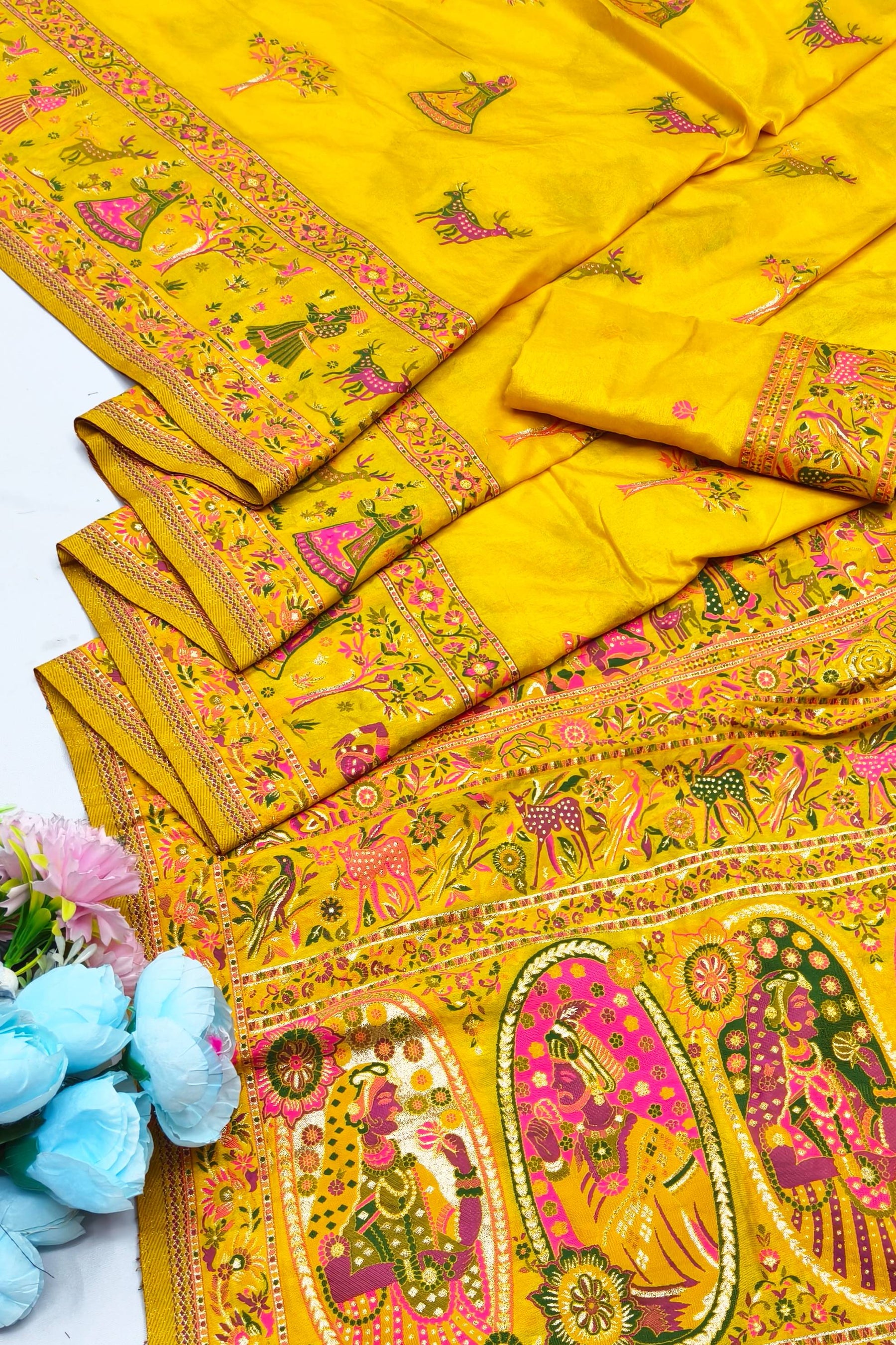 Artistic Yellow Nylon Dola Pashmina Saree With Lagniappe Blouse Piece
