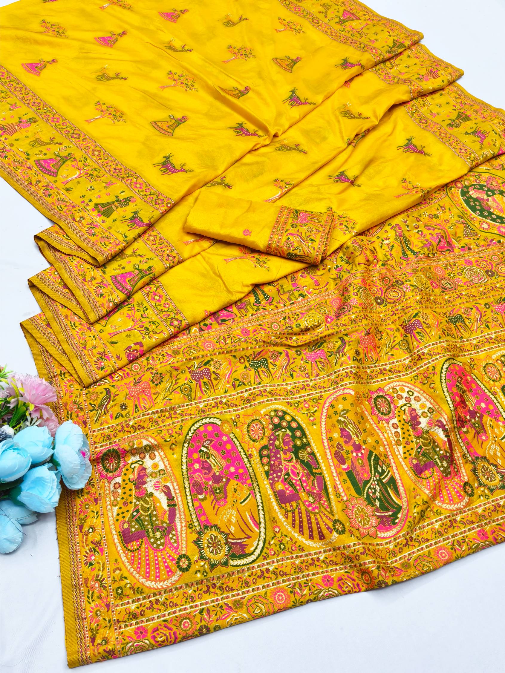 Artistic Yellow Nylon Dola Pashmina Saree With Lagniappe Blouse Piece