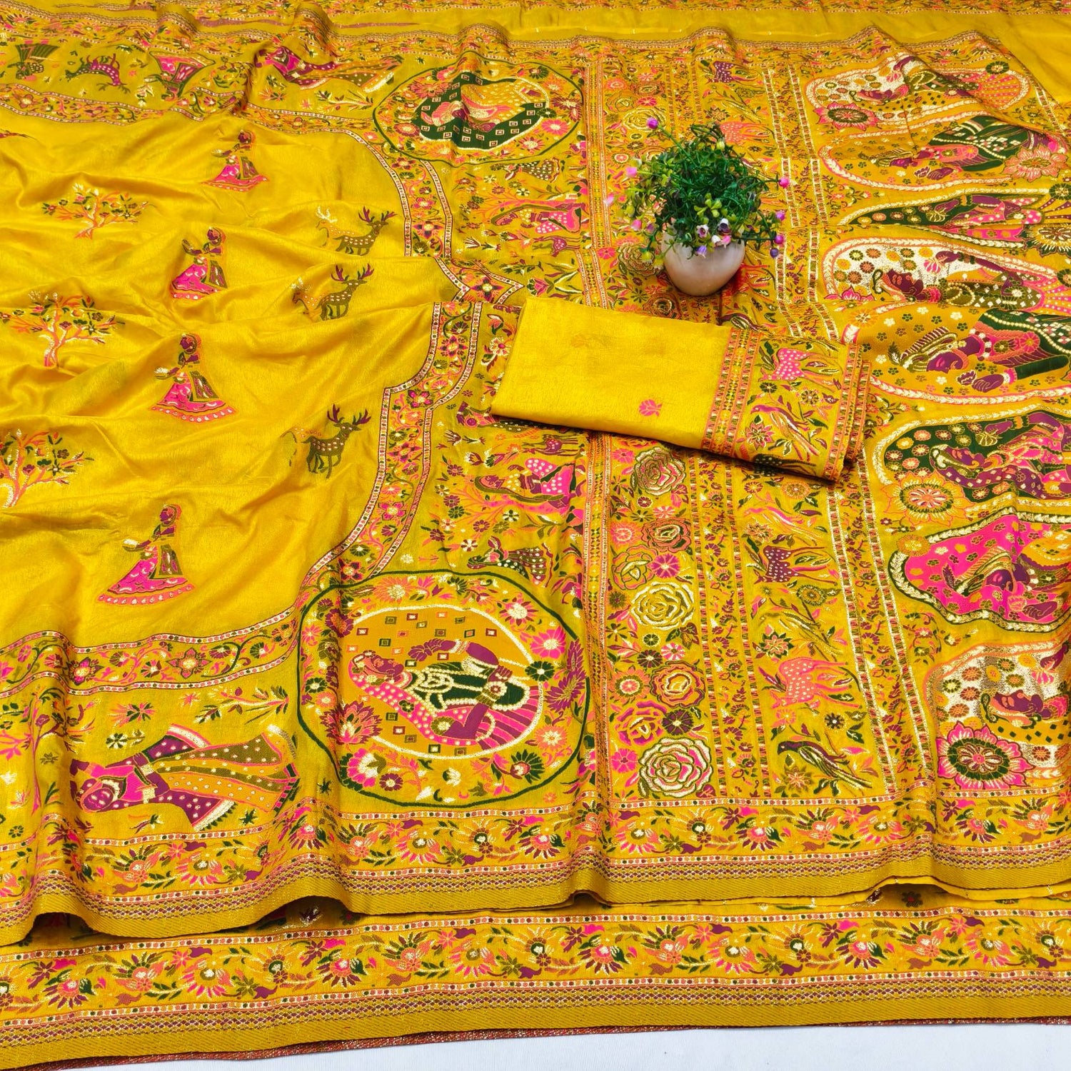 Artistic Yellow Nylon Dola Pashmina Saree With Lagniappe Blouse Piece