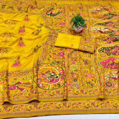 Artistic Yellow Nylon Dola Pashmina Saree With Lagniappe Blouse Piece