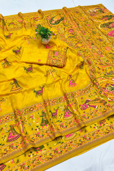 Artistic Yellow Nylon Dola Pashmina Saree With Lagniappe Blouse Piece