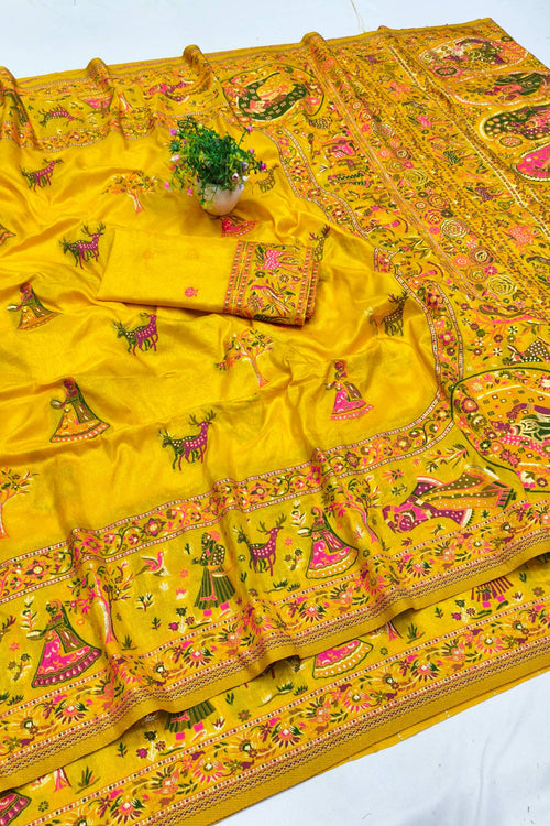 Load image into Gallery viewer, Artistic Yellow Nylon Dola Pashmina Saree With Lagniappe Blouse Piece
