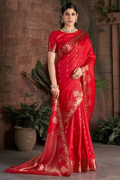 Delightful Red Pure Zari Weaving Banarasi Silk Saree With Ephemeral Blouse Piece