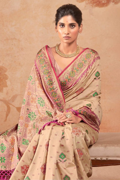 Panache Beige Patola Silk Saree with Fancifull Blouse Piece