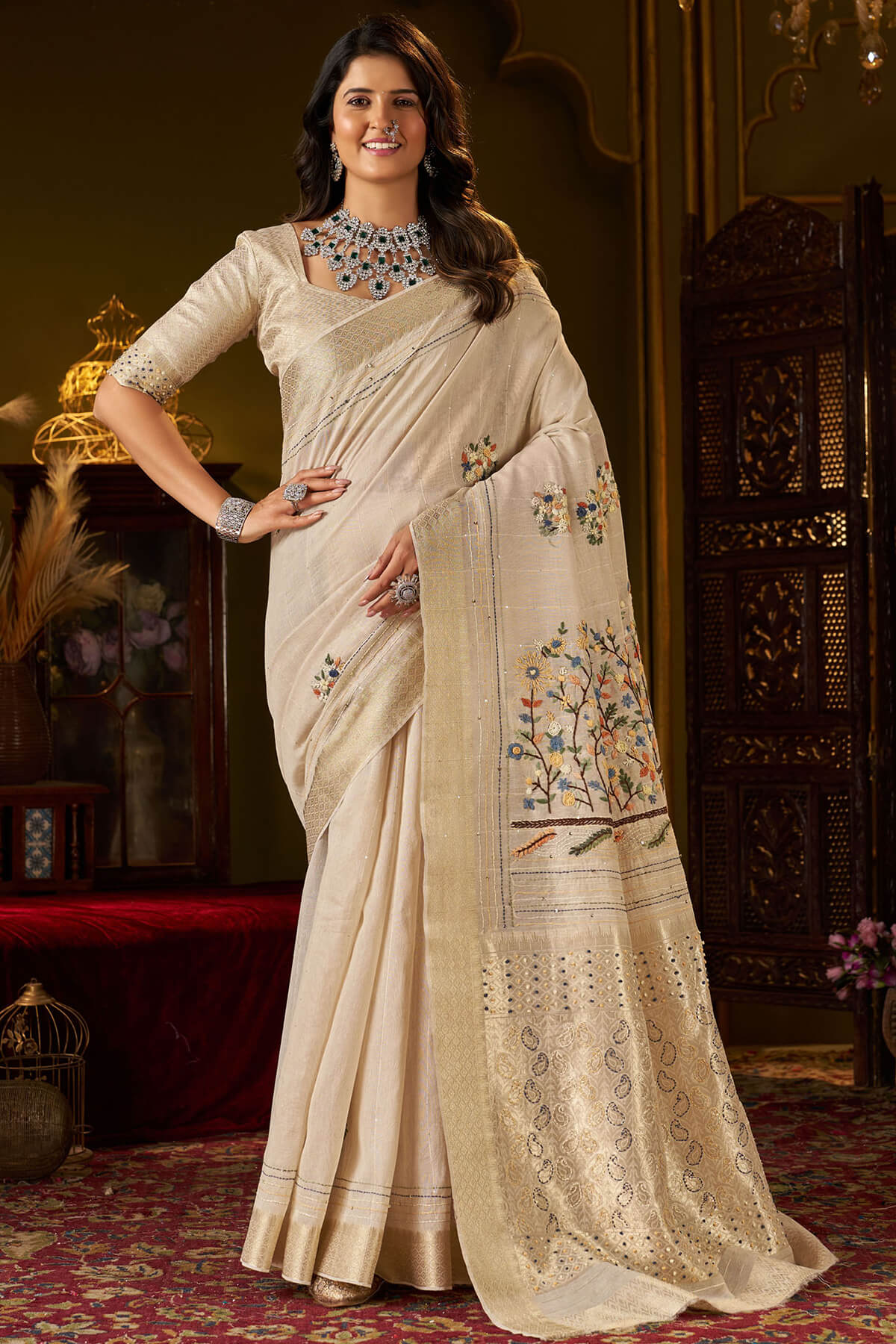 Panache Beige Handwork Linen Silk Saree With Captivating Blouse Piece