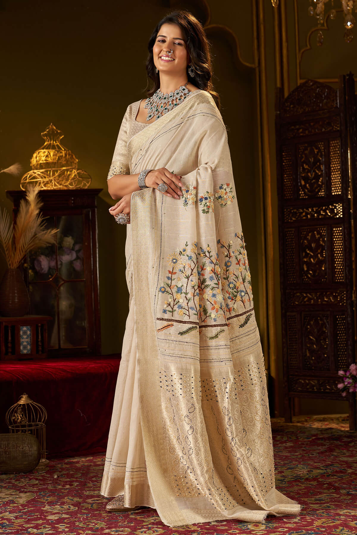 Panache Beige Handwork Linen Silk Saree With Captivating Blouse Piece