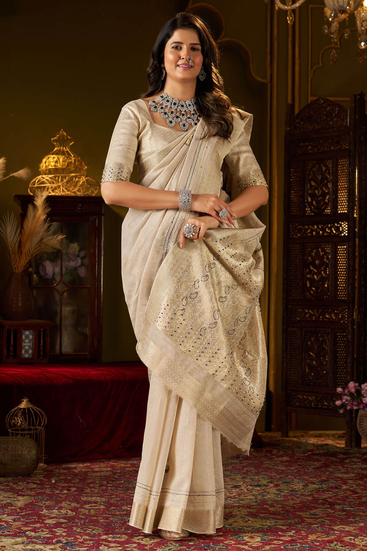 Panache Beige Handwork Linen Silk Saree With Captivating Blouse Piece