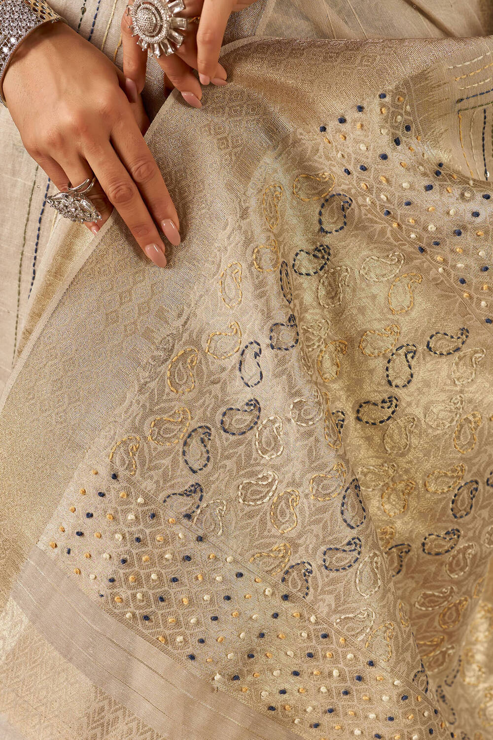 Panache Beige Handwork Linen Silk Saree With Captivating Blouse Piece