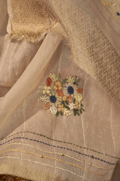 Panache Beige Handwork Linen Silk Saree With Captivating Blouse Piece