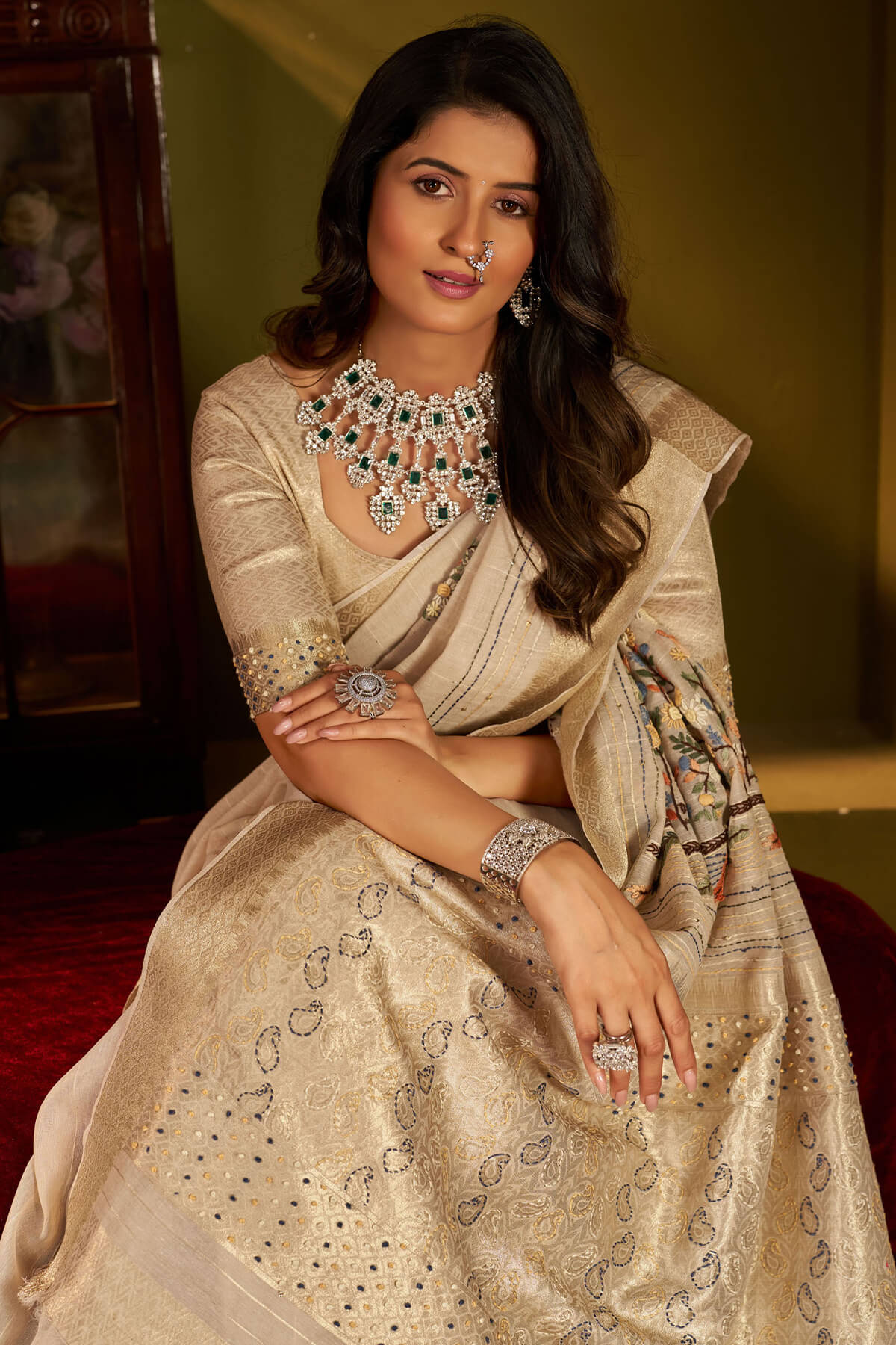 Panache Beige Handwork Linen Silk Saree With Captivating Blouse Piece