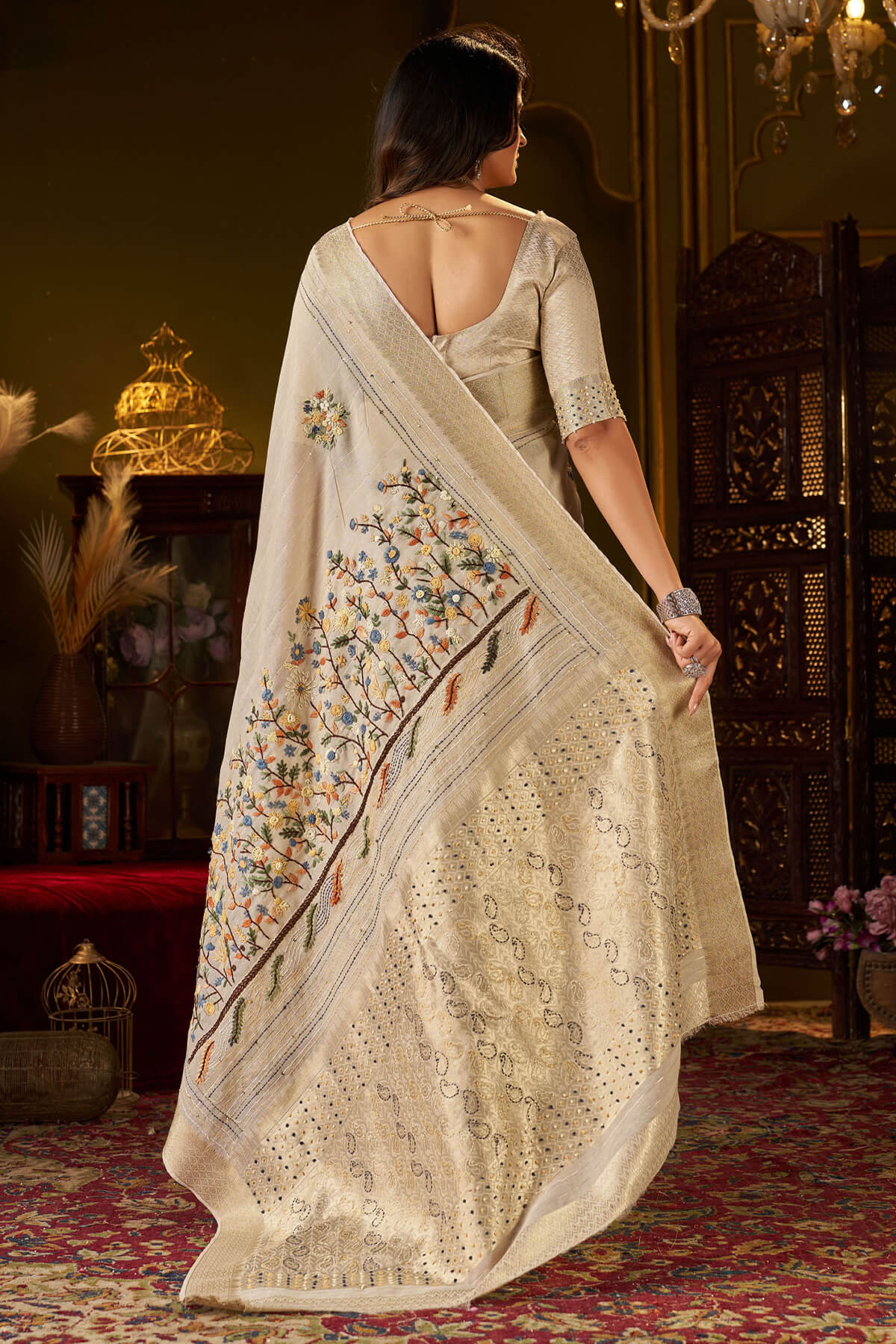 Panache Beige Handwork Linen Silk Saree With Captivating Blouse Piece