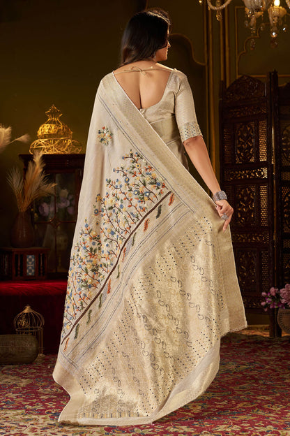 Panache Beige Handwork Linen Silk Saree With Captivating Blouse Piece
