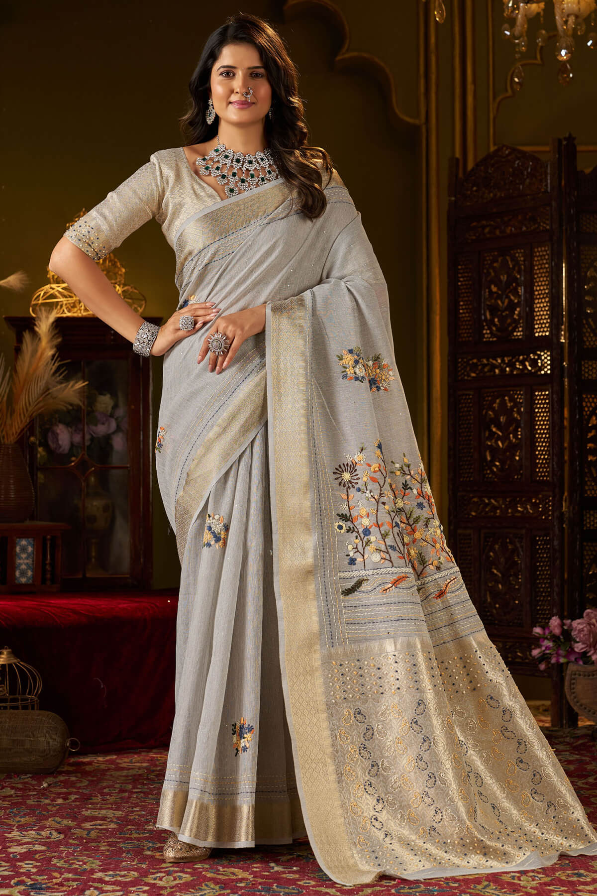 Moiety Grey Handwork Linen Silk Saree With Vivacious Blouse Piece