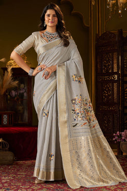 Moiety Grey Handwork Linen Silk Saree With Vivacious Blouse Piece