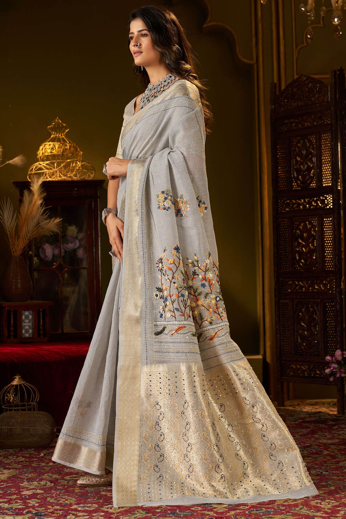 Moiety Grey Handwork Linen Silk Saree With Vivacious Blouse Piece